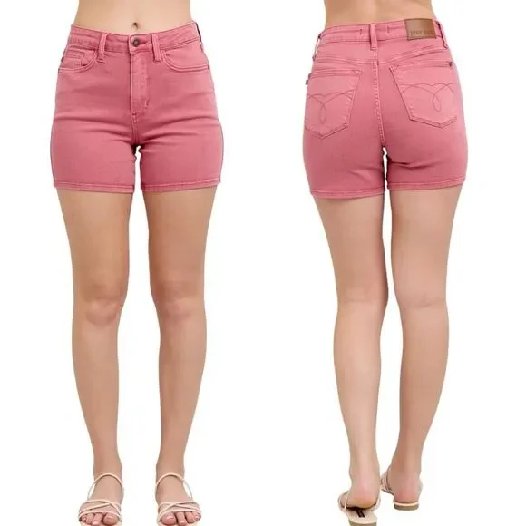 Judy Blue High Rise Shorts Rose Garment Dyed Embroidery Stretch Denim NWT - Picture 6 of 12